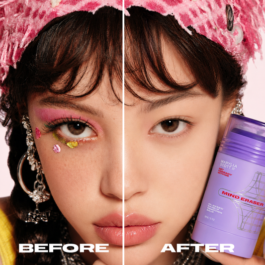 Before and after using Mind Eraser oil-based makeup removing balm stick — full glam makeup removed, clean skin revealed.